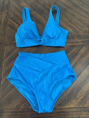 Aerie Bright Blue Ribbed High-Waist Bikini Set
